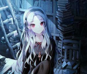 Preview wallpaper girl, glance, books, library, anime