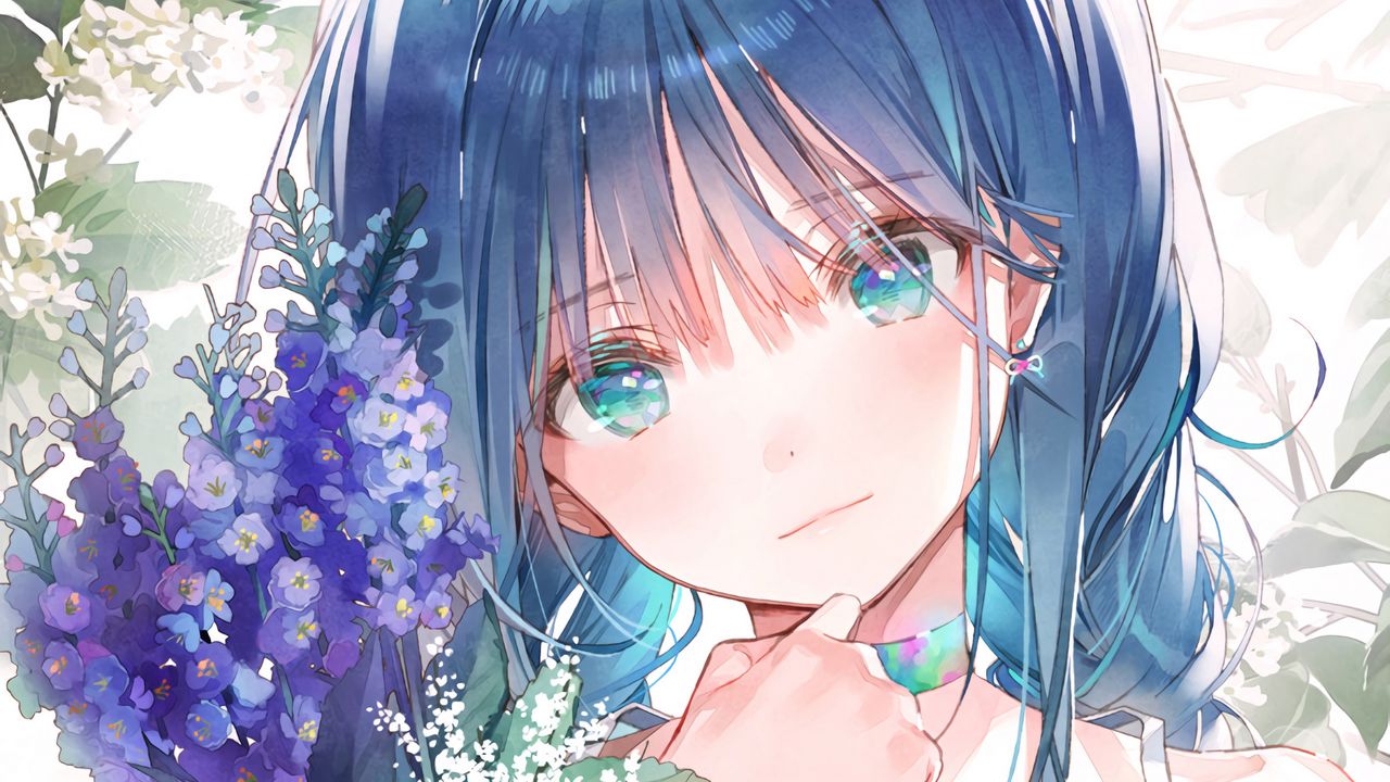 Wallpaper girl, glance, bouquet, flowers, anime, art