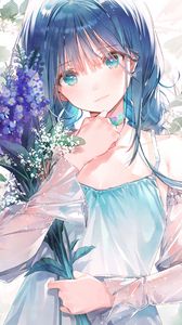 Preview wallpaper girl, glance, bouquet, flowers, anime, art