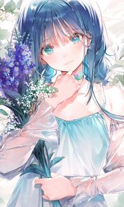 Preview wallpaper girl, glance, bouquet, flowers, anime, art