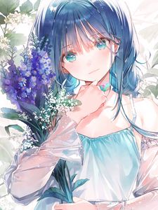 Preview wallpaper girl, glance, bouquet, flowers, anime, art