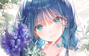 Preview wallpaper girl, glance, bouquet, flowers, anime, art
