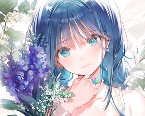 Preview wallpaper girl, glance, bouquet, flowers, anime, art