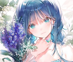 Preview wallpaper girl, glance, bouquet, flowers, anime, art