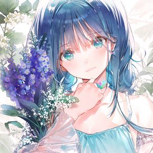 Preview wallpaper girl, glance, bouquet, flowers, anime, art