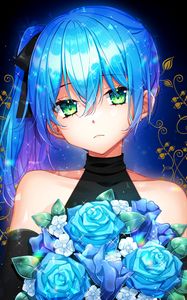 Preview wallpaper girl, glance, bouquet, flowers, anime, art, blue