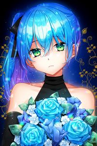 Preview wallpaper girl, glance, bouquet, flowers, anime, art, blue