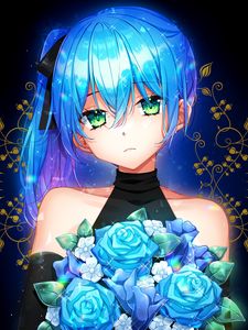 Preview wallpaper girl, glance, bouquet, flowers, anime, art, blue