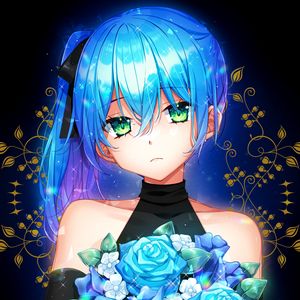 Preview wallpaper girl, glance, bouquet, flowers, anime, art, blue