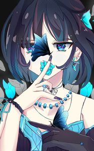 Preview wallpaper girl, glance, butterflies, anime, art, blue