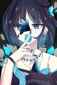 Preview wallpaper girl, glance, butterflies, anime, art, blue