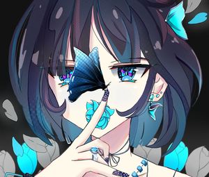 Preview wallpaper girl, glance, butterflies, anime, art, blue
