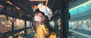 Preview wallpaper girl, glance, cap, backpack, paint, art, anime