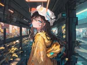 Preview wallpaper girl, glance, cap, backpack, paint, art, anime