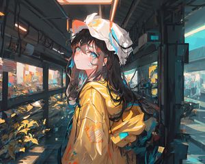 Preview wallpaper girl, glance, cap, backpack, paint, art, anime
