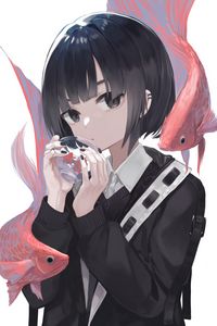 Preview wallpaper girl, glance, carps, fish, anime