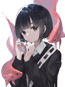 Preview wallpaper girl, glance, carps, fish, anime