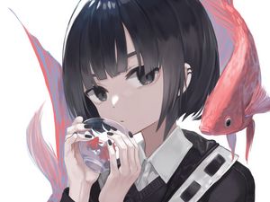 Preview wallpaper girl, glance, carps, fish, anime