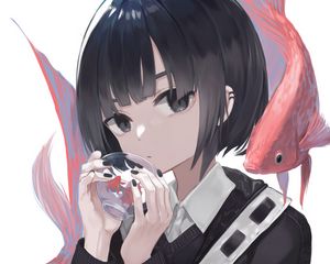 Preview wallpaper girl, glance, carps, fish, anime