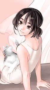 Preview wallpaper girl, glance, cat, pet, anime, art