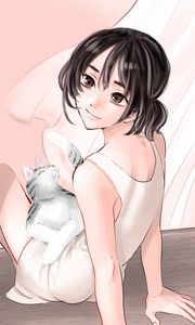 Preview wallpaper girl, glance, cat, pet, anime, art