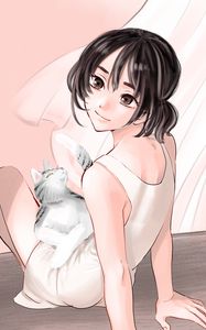 Preview wallpaper girl, glance, cat, pet, anime, art