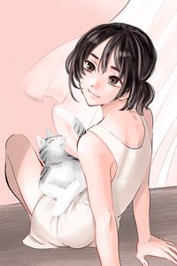 Preview wallpaper girl, glance, cat, pet, anime, art