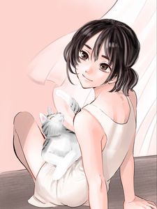 Preview wallpaper girl, glance, cat, pet, anime, art