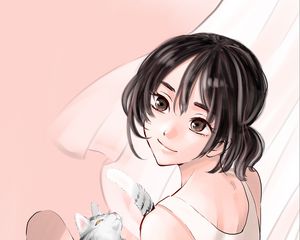 Preview wallpaper girl, glance, cat, pet, anime, art