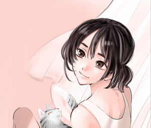 Preview wallpaper girl, glance, cat, pet, anime, art