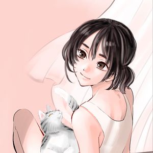 Preview wallpaper girl, glance, cat, pet, anime, art