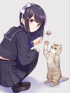 Preview wallpaper girl, glance, cat, cute, anime