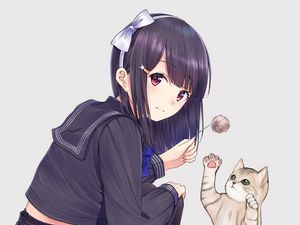 Preview wallpaper girl, glance, cat, cute, anime