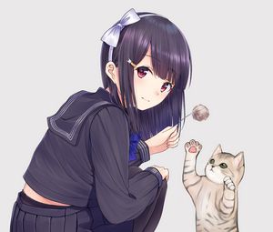 Preview wallpaper girl, glance, cat, cute, anime