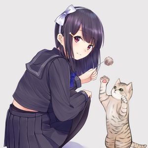 Preview wallpaper girl, glance, cat, cute, anime