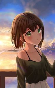 Preview wallpaper girl, glance, clouds, sunset, anime