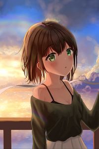 Preview wallpaper girl, glance, clouds, sunset, anime