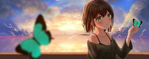 Preview wallpaper girl, glance, clouds, sunset, anime