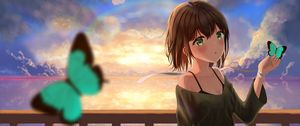 Preview wallpaper girl, glance, clouds, sunset, anime