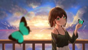 Preview wallpaper girl, glance, clouds, sunset, anime