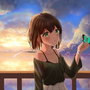 Preview wallpaper girl, glance, clouds, sunset, anime