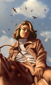 Preview wallpaper girl, glance, coat, birds, art