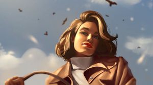 Preview wallpaper girl, glance, coat, birds, art