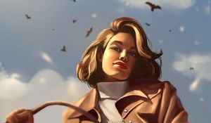 Preview wallpaper girl, glance, coat, birds, art