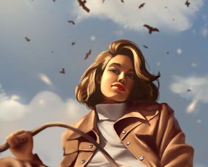 Preview wallpaper girl, glance, coat, birds, art