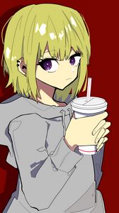 Preview wallpaper girl, glance, cup, sweatshirt, anime