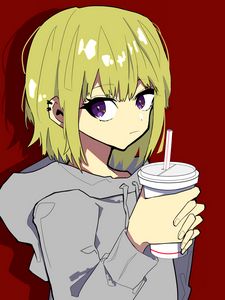 Preview wallpaper girl, glance, cup, sweatshirt, anime