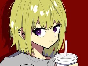 Preview wallpaper girl, glance, cup, sweatshirt, anime