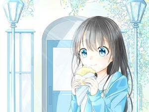 Preview wallpaper girl, glance, dessert, anime, art, light