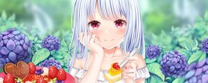 Preview wallpaper girl, glance, dessert, berries, anime